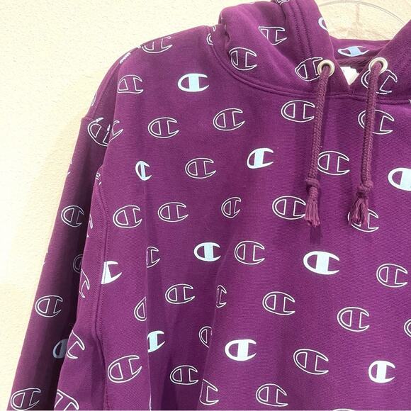 Champion Reverse Weave Purple Blue Logo Cropped Cutoff Hoodie Sweatshirt Large - Picture 3 of 11